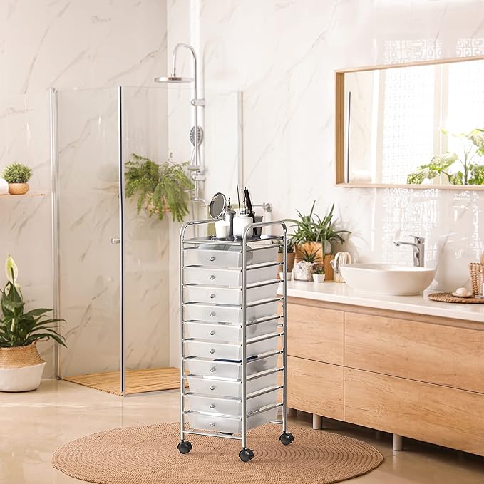 Simple Houseware Utility Cart with 10 Drawers Rolling Storage Art Craft Organizer, Chrome