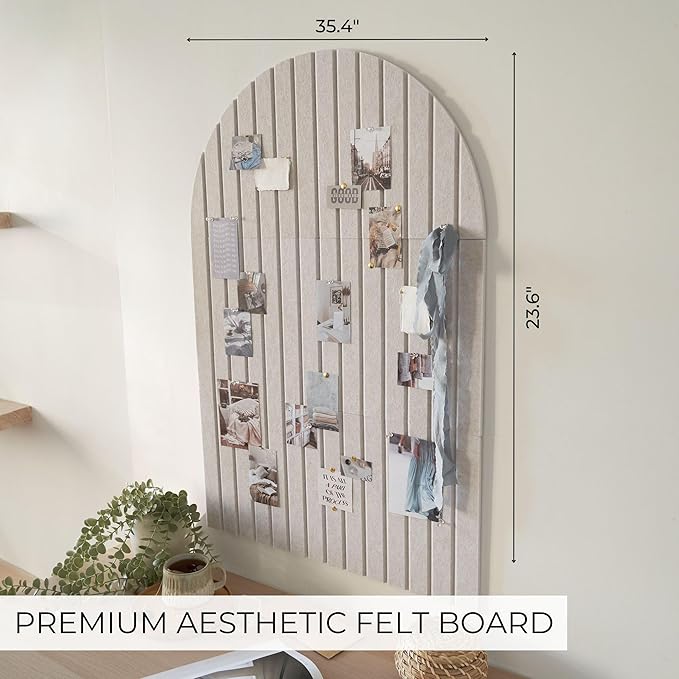 Large Arched Felt Bulletin Board - Stylish Perfectly Sized 35" x 24" Cork Board Alternative for Office & Wall Decor – 6 Customizable Adhesive Tiles with Pins are Perfect to Display Your Photos