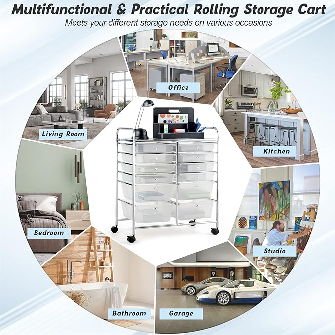 COSTWAY 12-Drawer Rolling Storage Cart, Moveable Art Craft Organizer W/Lockable Wheels, Metal Shelf, Files Arrangement Tools Makeup Storage Cart for Office, Home, School (Clear)