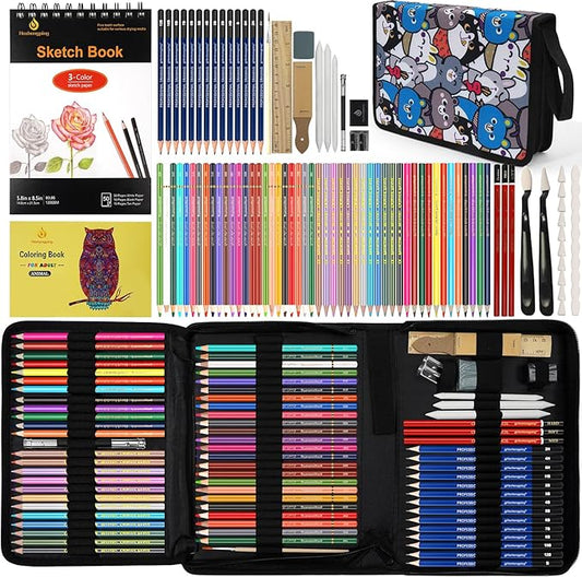 100 Art Supplies Drawing Kit Pro Drawing Supplies Set has 3-Color Sketchbook Coloring book Graphite Colored Charcoal Watercolor Pencils Drawing Set Gifts Case for Artists Adults Family