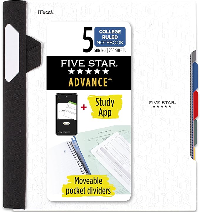 Five Star Advance Spiral Notebook + Study App, 5 Subject, College Ruled Paper, 8-1/2" x 11", 200 Sheets, Spiral Guard, Movable Tabbed Dividers, White (73154) (Pack of 6)