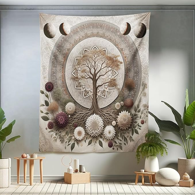 Ambesonne Moon Tapestry Twin Size, Ethno Mandal Featuring Gentle Vines of Tree of Life and Flowers Boho Luna, Wall Hanging Bedspread Bed Cover Wall Decor, 68" X 88", Pale Mustard Eggplant
