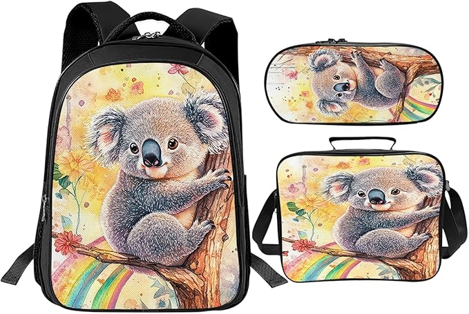 Cute Koala Backpack Set 3 Piece School Bags and Lunch Box with Pencil Case Koala Animal Rainbow Bookbag Set for Toddler Kids Girls Boys Teens Kindergarten Elementary Middle
