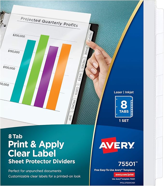 Avery 8-Tab Sheet Protector Dividers, Printable Easy Peel Clear Labels, Index Maker, White Tabs, 1 Set (75501)