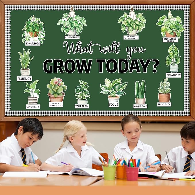 Spring Greenery Potted Plant Bulletin Board Set Motivational Eucalyptus Classroom Decorations What Will You Grow Today Positive Paper Cutouts for Back to School Chalkboard Wall Door Teacher Decor