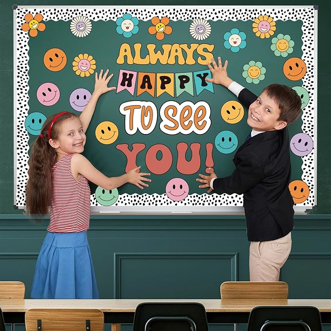 63 Pcs Groovy Bulletin Board Decorations Set Retro Smiley Face Classroom Decor with Black Dots Border Trims for Back to School Classroom Wall Door Decor