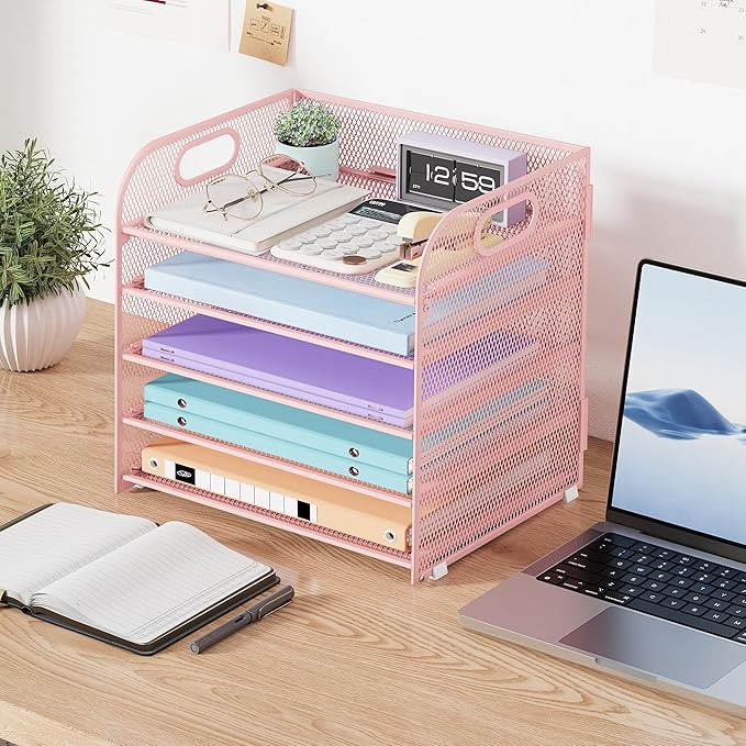2 Pack 5 Tier Paper Organizer, Letter Tray with Handle, Mesh Desk Organizer, Metal File Organizer, Office Desk Accessories for Home, Office, Classroom, School -Pink
