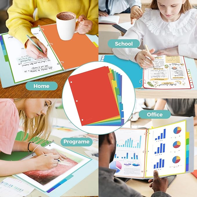 SUNEE 8 Tab Binder Dividers,Plastic Dividers for 3 Ring Binder,3 Ring Binder Dividers with Tabs for School Office Home Supplies,Bright Color, 1 Set