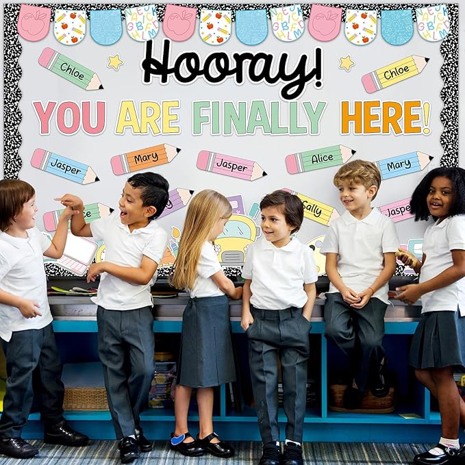 Back to School Bulletin Board Decorations Composition Notebook Bulletin Board Set Colorful Notebook Pencil Paper Cutouts Hooray You're Finally Here for First Day of School Classroom Decor Supplies