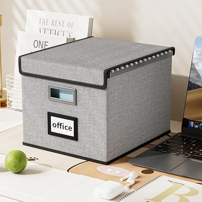 Huolewa Upgraded Portable File Organizer Box with Lid, Collapsible Linen Hanging Filing Storage Boxes with Plastic Slides, Decorative Home/Office Filing System Box for File and Folders Storage (Gray)