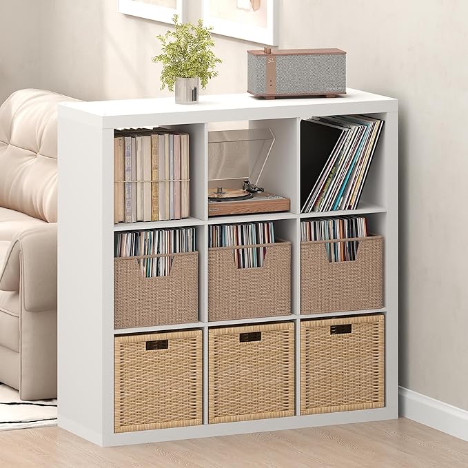 Furinno Cubicle Record Player Stand with Vinyl Storage, 9-Cube Vinyl Record Storage, 1.65" Triple Thick Open Back Media Shelf for CD DVD Blueray Game Disc, for Living Room, Home Office, White