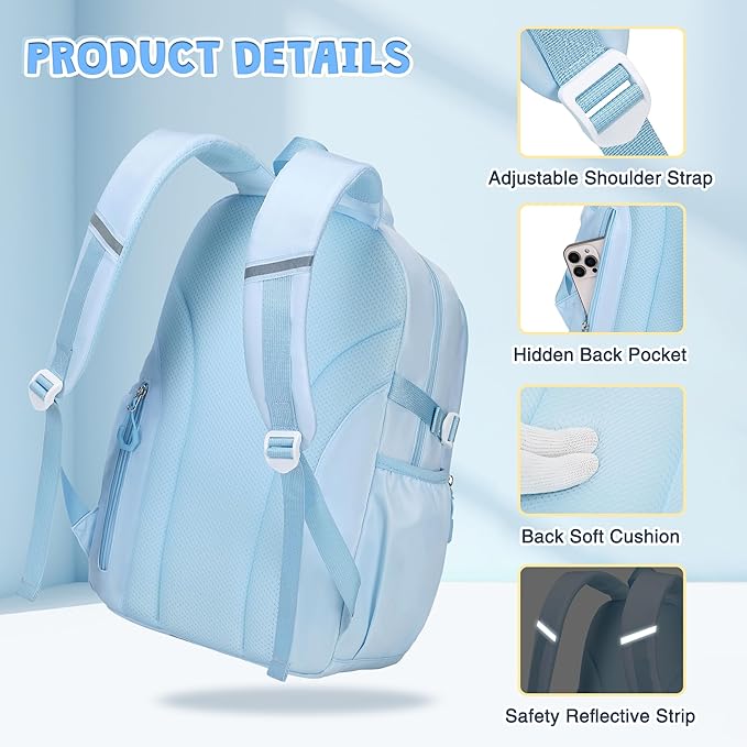 3PCS Girls Backpack for School, Kids Backpack for Girls with Lunch Box Pencil Case Set for Teen Girl Elementary Primary Middle High College School Bookbag with Cute Pins (Blue)