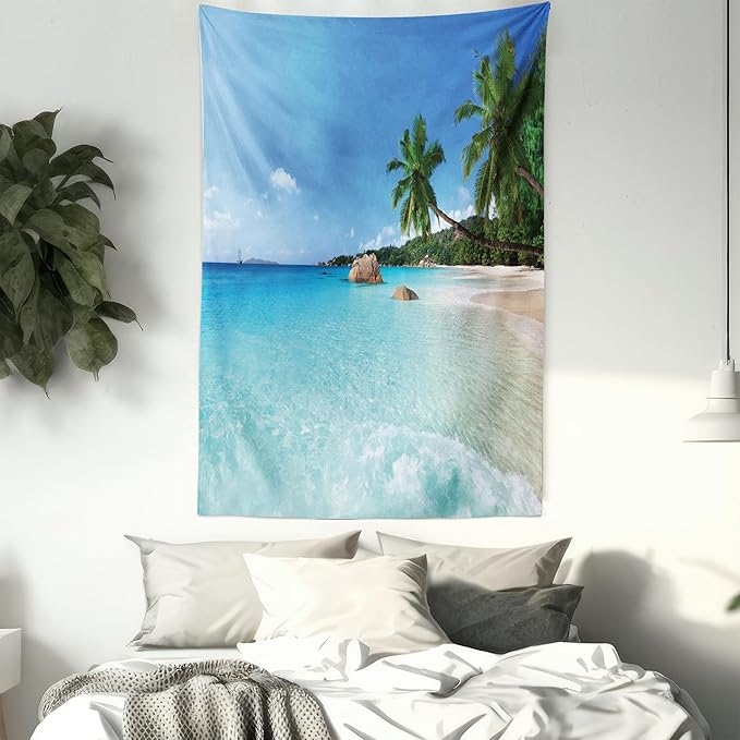 Ambesonne Ocean Tapestry Queen Size, Anse Lazio Beach at Praslin Island Surfing Beach Scenic View Travel, Wall Hanging Bedspread Bed Cover Wall Decor, 88" X 88", Blue and Turquoise