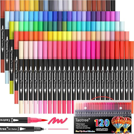Taotree 120 Colors Dual Tip Art Markers Pens for Adult Coloring Book, Artist Fine & Brush Tip Coloring Markers Set Drawing Pens Craft Art Supplies for Journaling Note Taking Lettering Calligraphy
