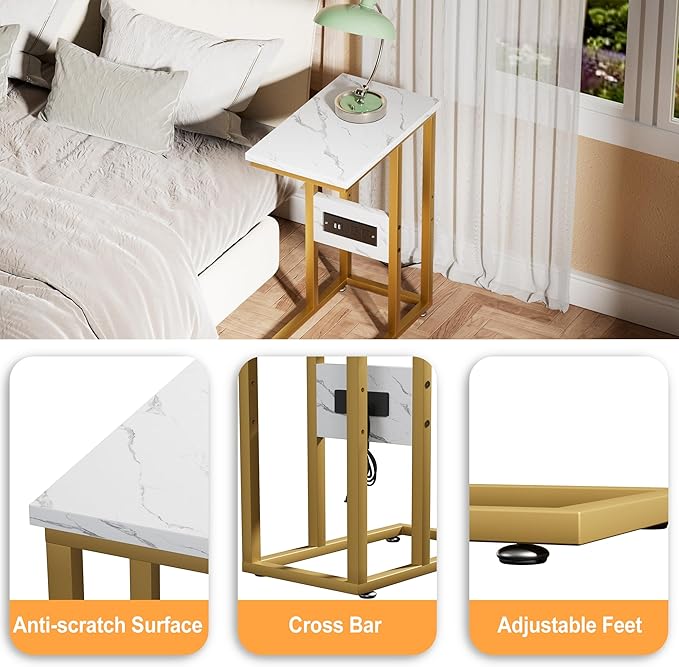 VECELO C Shaped End Table with Charging Station & Power Outlets, Quick Access Side Table for Sofa, C Bedside for Living Room Bedroom 2 Set,Gold