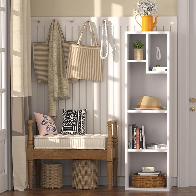 VECELO Small White Bookshelf, 5 Cube Slim Bookcase, Fits Tallest Hardcovers, Horizontal Available, Modern Floor Standing Unit, Each Shelf Hold Up to 66 LBS,White
