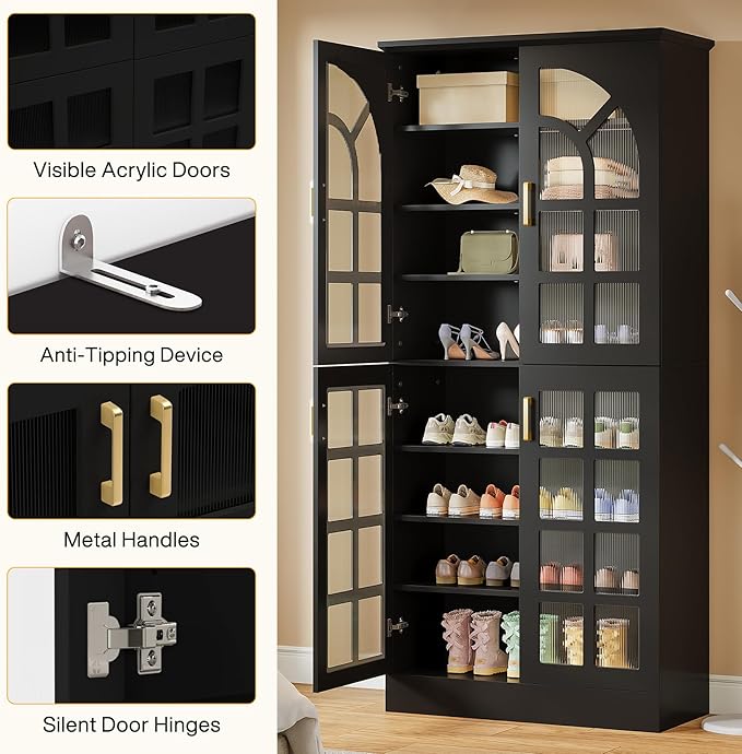Tribesigns 69" Tall Shoe Cabinet with Doors and Led Light, 8-Tier Wooden Shoe Rack Organizer with Adjustable Shelves, Narrow Shoe Storage Cabinet for Entryway, Hallway, Living Room, Black