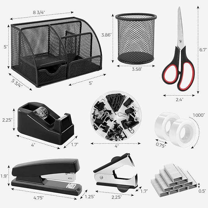 SKYDUE Black Office Supplies, Mesh Desk Organizer, Stapler, Tape Dispenser, Scissors, Binder/Paper Clips and 1000pcs Staples, Desk Supplies Set