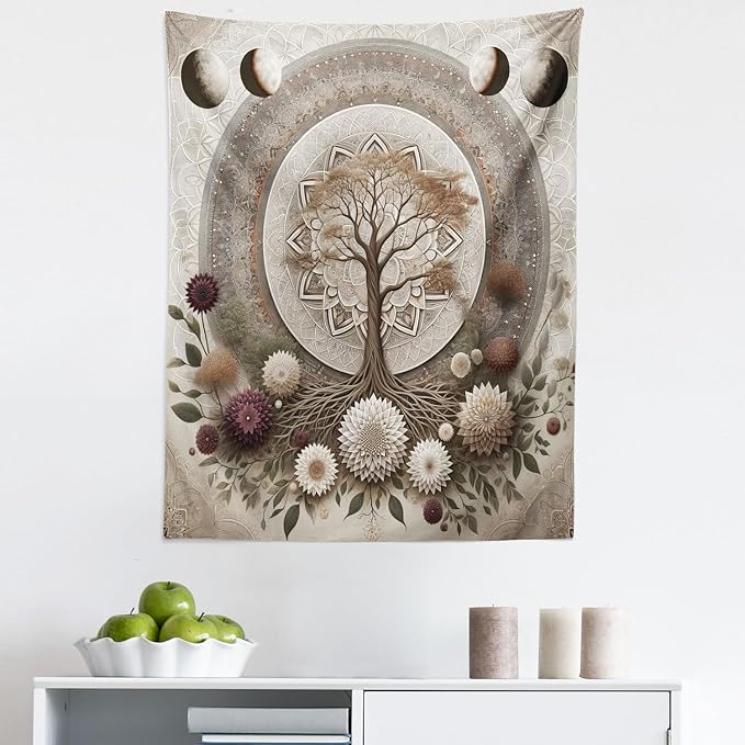 Ambesonne Moon Tapestry, Ethno Mandal Featuring Gentle Vines of Tree of Life and Flowers Boho Luna, Fabric Wall Hanging Decor for Bedroom Living Room Dorm, 23" X 28", Pale Mustard Eggplant