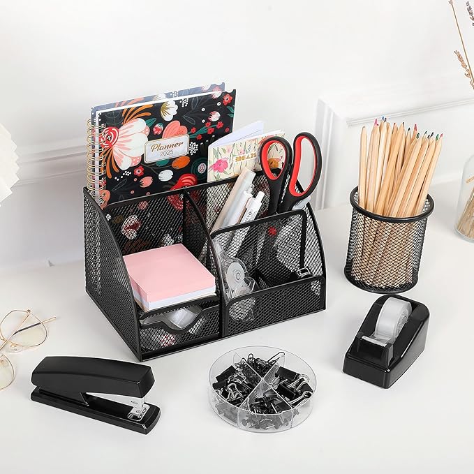 SKYDUE Black Office Supplies, Mesh Desk Organizer, Stapler, Tape Dispenser, Scissors, Binder/Paper Clips and 1000pcs Staples, Desk Supplies Set