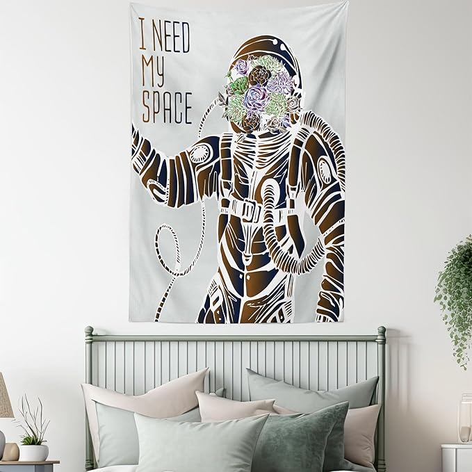 Ambesonne Outer Space Tapestry, Funny Love Words with a Floral Head Cosmonaut Pilot Man Humor Illustration, Wall Hanging for Bedroom Living Room Dorm Decor, 40" X 60", Grey Brown
