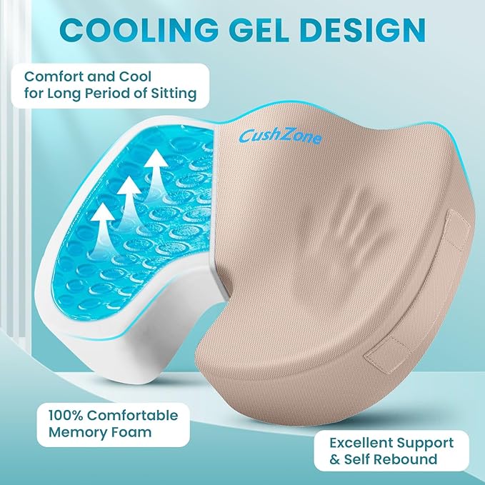 Office Chair Seat Cushion, Cooling Gel Enhanced Memory Foam Cushion for Long Sitting - Back, Sciatica, Coccyx, Tailbone Pain Relief Pillow - for Office, Gaming, Car, Wheelchair - Khaki, Large