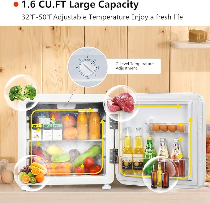 COSTWAY Compact Refrigerator, 1.6 cu ft. Single Door Small Fridge with Adjustable Temperature 32℉ to 50℉, Auto Defrost, Reversible Door, Removable Glass Shelves, Mini Fridge for Apartment (White)