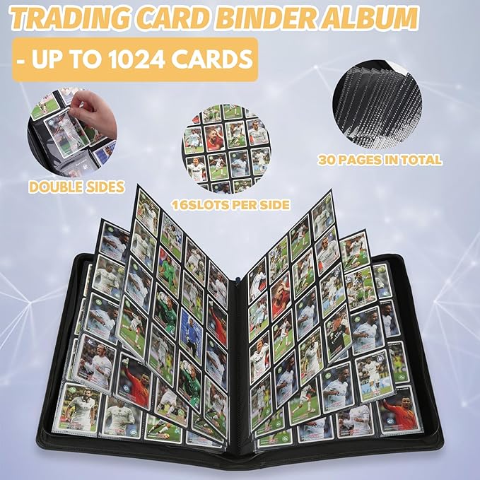 Trading Card Binder 16 Pocket, GERMUN PU Cover Card Binder for 1000+ Cards, Premium Trading Card Holder Folders, Double Sided Pocket Card Album for MTG, TCG (Blue)