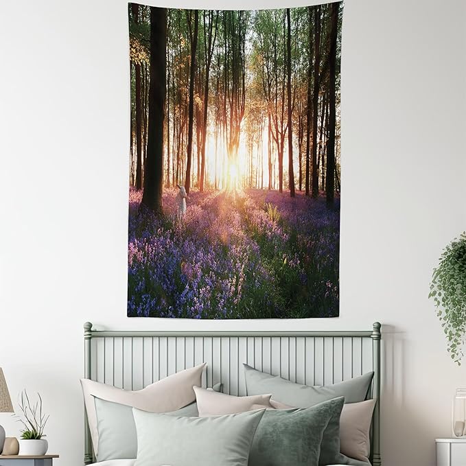 Ambesonne Forest Tapestry, Bluebell Woods Sunrise with White Rabbit Sunny Spring Day in Woodland, Fabric Wall Hanging Decor for Bedroom Living Room Dorm, 30" X 45", Purple Green