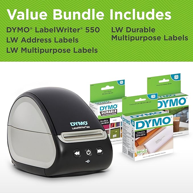 DYMO LabelWriter 550 Label Printer Bundle Label Maker with Direct Thermal Printing Automatic Recognition Includes 1 Roll Each: Address Labels Multipurpose