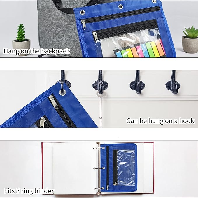 YoeeJob 6 Pack 1 Inch Expandable Zipper Pencil Pouches with Clear Window for 3 Ring Binder, Suitable for School & Office (6, Blue)