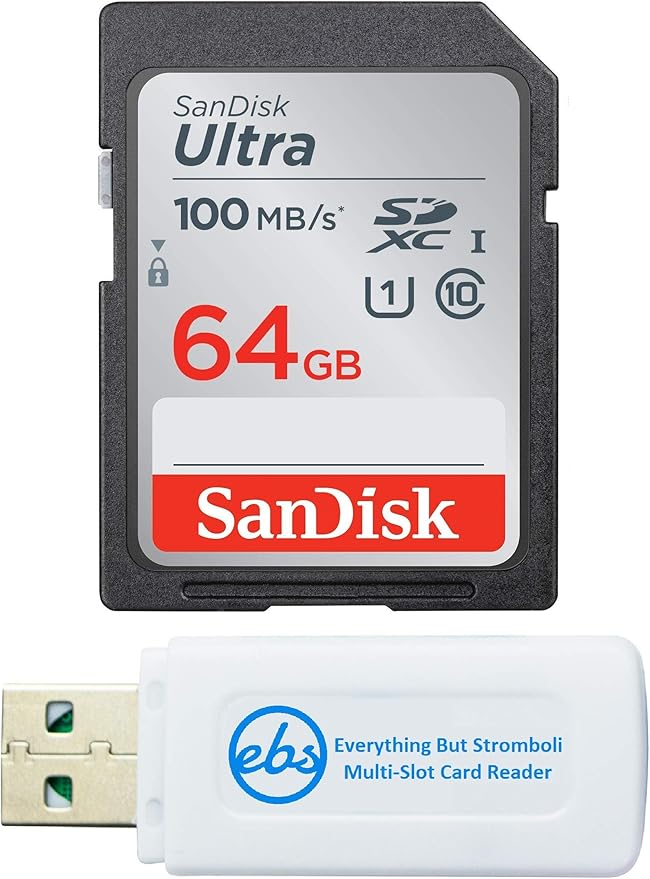 SanDisk 64GB SD Ultra Memory Card SDXC for Sony Cybershot Black/Silver 20.1 MP, DSCW800 Digital Camera (SDSDUNR-064G-GN6IN) Bundle with (1) Everything But Stromboli Memory Card Reader