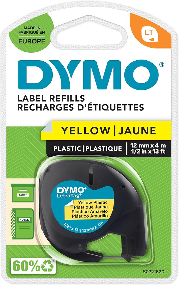 DYMO Authentic LT Plastic Labels | 12mm x 4m Roll | Black Print on Yellow Labels | for LetraTag Label Makers