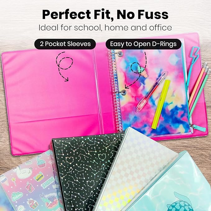 Yoobi 3 Ring Binders - 1 Inch Binder with Round D Rings and 2 Pockets, Durable, PVC-Free Organizer with 220 Sheets Capacity, 4- Pack Colored Binders with Plastic Cover for Office Supplies