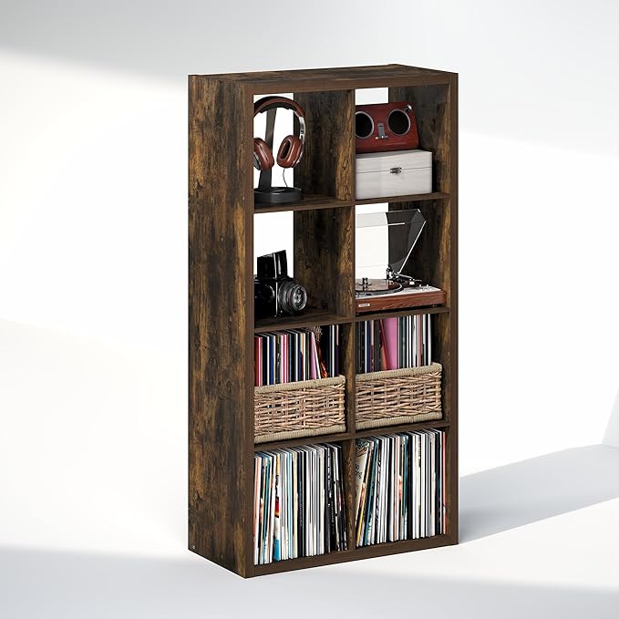 Furinno Cubicle Record Player Stand with Vinyl Storage, 8-Cube 1.2 Extra Thick Vinyl Record Storage, Open Back Media Shelf for CD DVD Blueray Game Disc, for Living Room, Home Office, Amber Pine