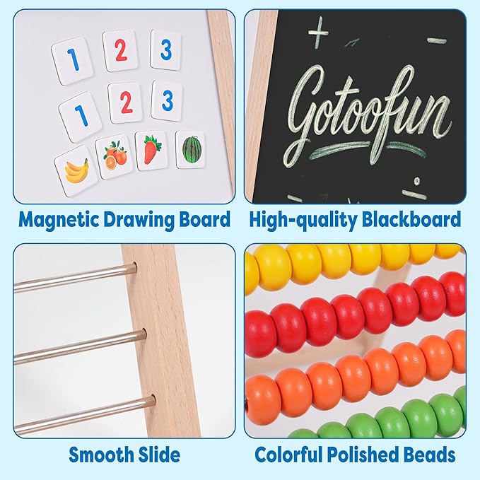 Wooden Abacus for Kids Math - Double-Sided Blackboard Whiteboard for Toddlers with 308 Magnetic Number & Fruit Cards, 100 Counting Sticks Montessori Educational Toys Homeschool Essentials