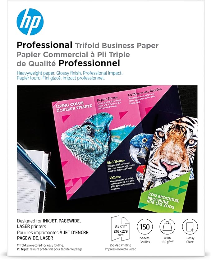 HP Professional Tri-fold Business Paper, Glossy, 8.5x11 in, 48 lb, 150 sheets, works with inkjet, PageWide, laser printers (4WN12A)