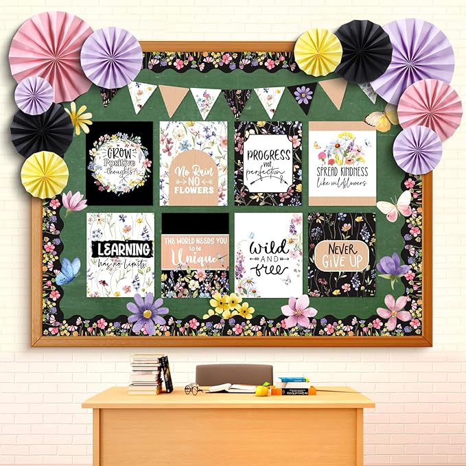 Pajean 62 Pcs Wildflower Classroom Bulletin Board Decorations with 3D Paper Fans Inspirational Posters Cutouts Floral Positive Bulletin Board Set Motivational for School Classroom Home Decorations