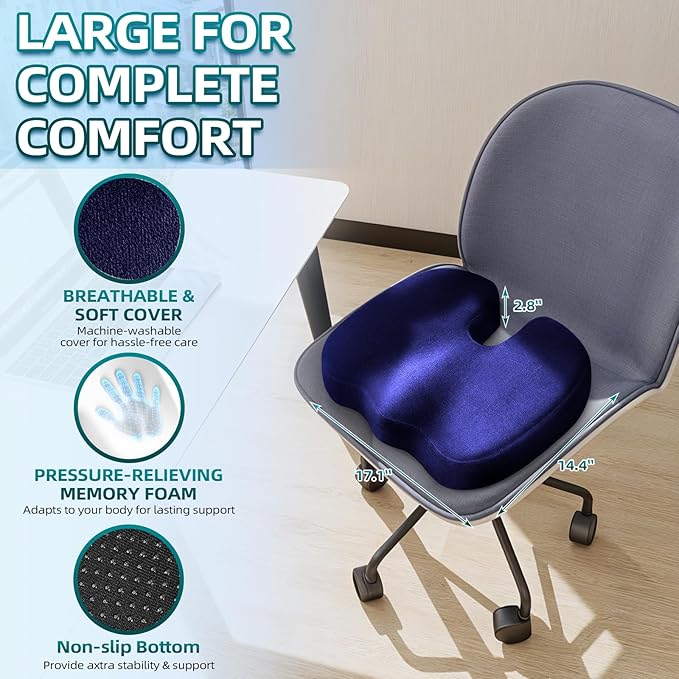Seat Cushion for Office Chair Memory Foam Coccyx Pain Relief Cushion Pillow for Back Support Non-Slip Seat Pad for Office Desk (Blue)