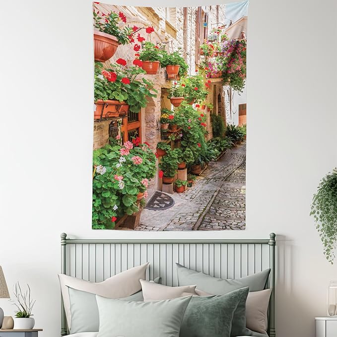 Ambesonne Italian Tapestry Twin Size, Street View of a Small Renaissance Town with Floral Porches and Rock Mediterranean, Wall Hanging Bedspread Bed Cover Wall Decor, 68" X 88", Pale Brown