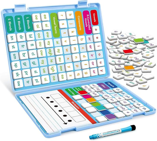 Aizweb Phonics Magnetic Letter Tiles,All-in-one Magnetic Phonics Kit,Reading &Spelling Games with Dry-Erase Boards&Storage Case,Phonics Games for Preschool Pre k& Kindergarten Classroom Learning