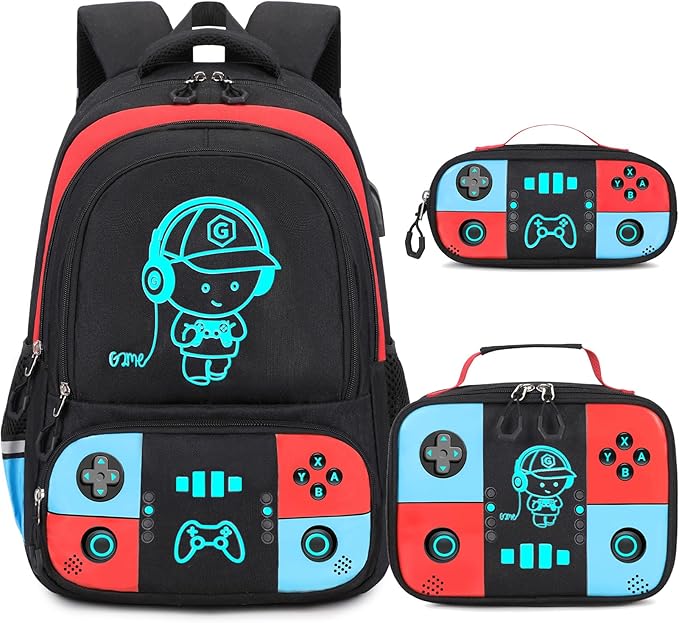 Bevalsa Backpack for School Boys, Cool Luminous Gamer Boys Backpack with Lunch Box & Pencil Pouch Set for Kids Children Teens Elementary Middle Schools, Schoolbag Bookbag Glow In The Dark (Red Blue)