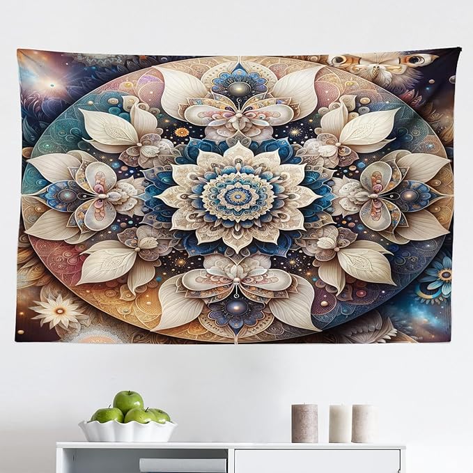Ambesonne Mandala Tapestry, Dreamy Composition of Astral Atmosphere Blooming Trippy Floral Boho, Fabric Wall Hanging Decor for Bedroom Living Room Dorm, 45" X 30", Eggshell Sea Blue Indigo