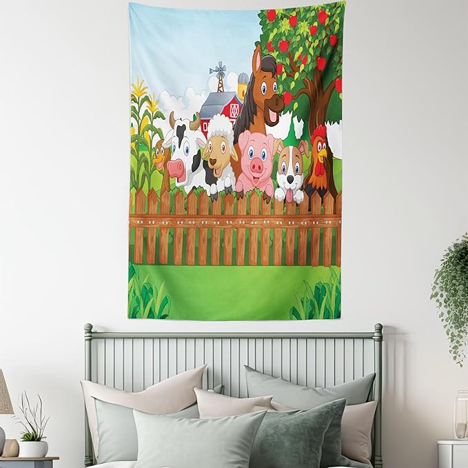 Ambesonne Cartoon Tapestry Twin Size, Composition Farm Animals on Fence Comic Mascots Dog Cow Horse Design, Wall Hanging Bedspread Bed Cover Wall Decor, 68" X 88", Green Multicolor