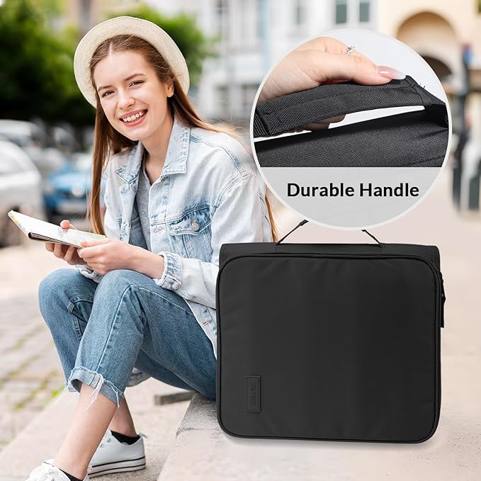SUNEE Zipper Binder Bag with Handle, 2-Inch 3-Ring O-Ring, 500-Sheet Capacity, Includes Zip Pocket, 5-Tab Expanding File Folder, Multi-Pocket Organizer Binder for Middle School, Black