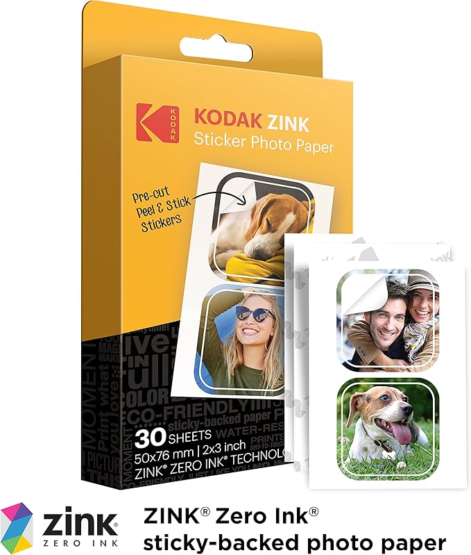 Zink KODAK 2”x3” Premium Pre-Cut Sticker Photo Paper (30 Sheets) Compatible with All KODAK 2x3” Instant Print Products – Except Printomatic
