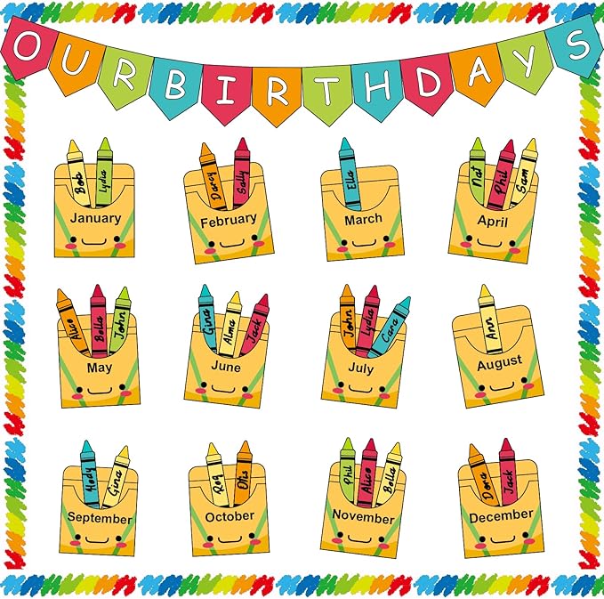Birthday Bulletin Board Set for Classroom Decorations Pencil Box Cutouts Colorful Pencil Tags with Trim Borders for Back to School Birthday Chalkboard Door Wall Decors Supplies