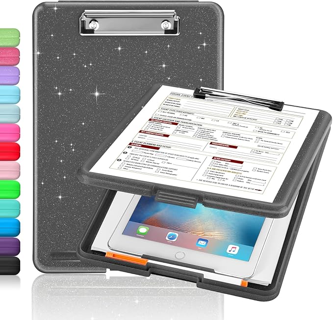 Sooez Clipboard with Storage, Plastic Storage Clipboards with Low Profile Clip, Nursing Clip Boards Foldable, Hanging Clipboard Case for Work, Teacher, Classroom Must Haves, Office School Supplies