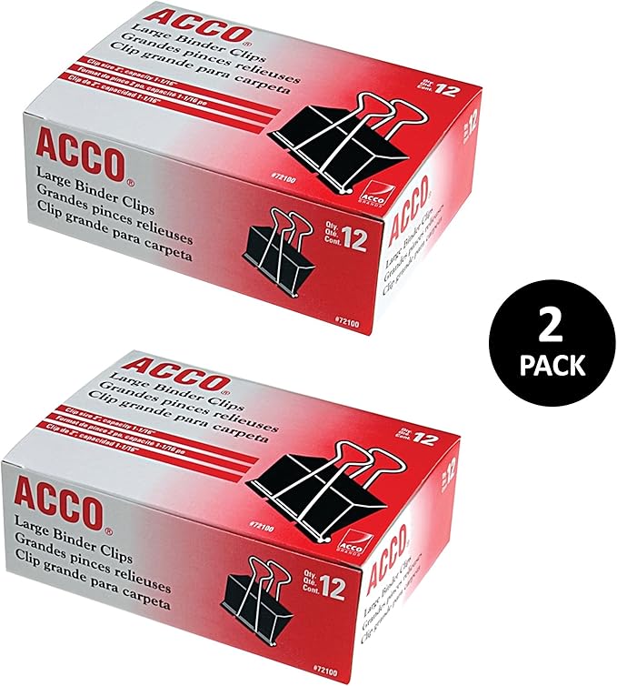 ACCO Binder Clips, Large, 2 Boxes, 12 Clips/Box (72102)