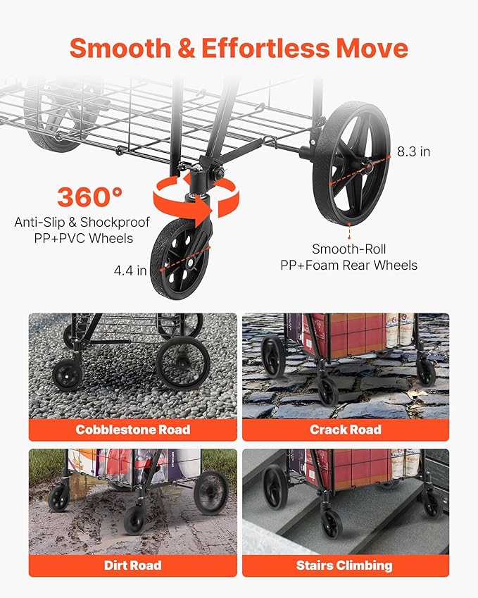 VEVOR Folding Shopping Cart, Jumbo Grocery Cart with Double Baskets, 360° Swivel Wheels, Heavy Duty Utility Cart, 110 LBS Large Capacity Utility Cart for Laundry, Shopping, Grocery, Luggage, Black